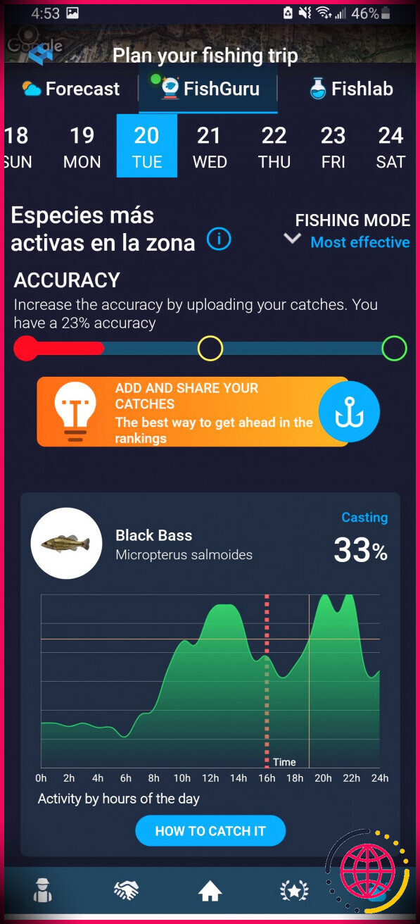 prévisions de l'application wefish pour le black bass