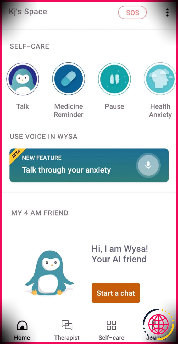 capture d'écran de la page d'accueil wysa