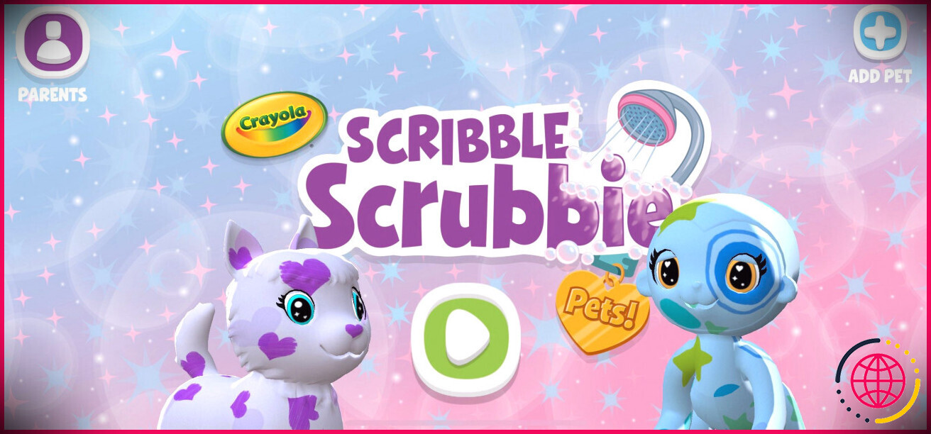 Capture d'écran de l'écran d'accueil Scribble Scrubble Pets.
