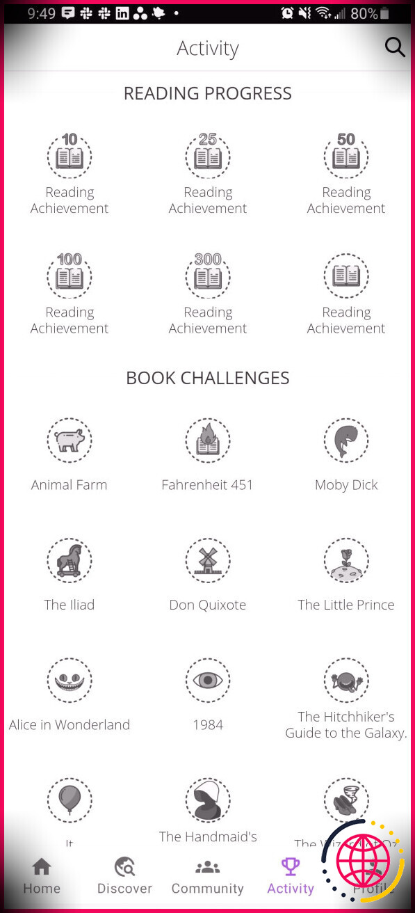 écran des réalisations de l'application Booksloth