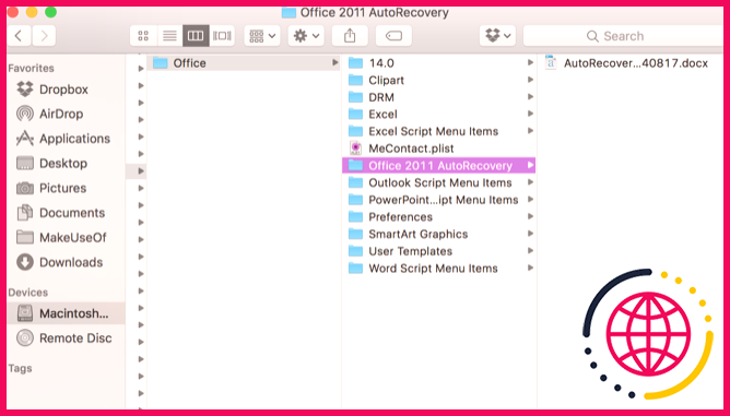 Office 2011 récupération automatique mac