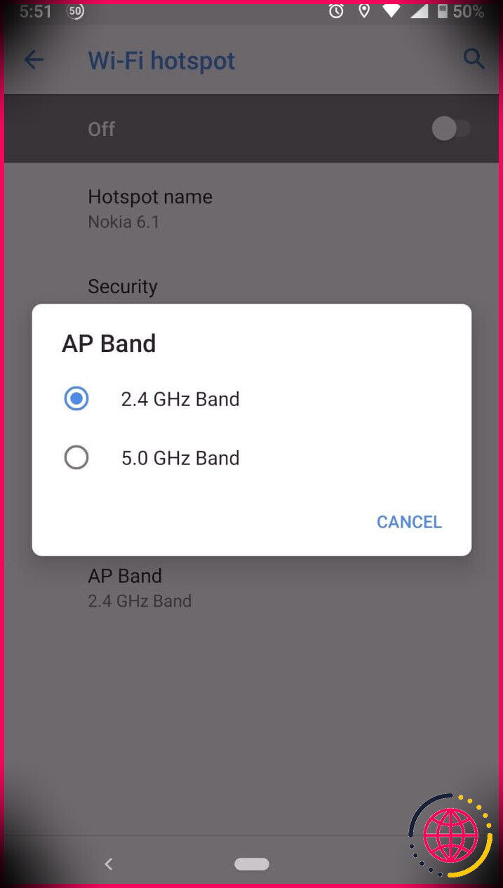 capture d'écran du menu de la bande wifi android