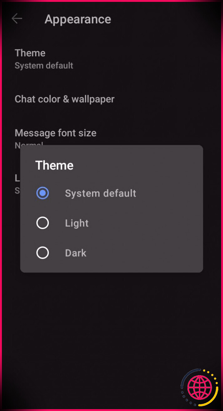 capture d'écran du thème sombre de l'application signal