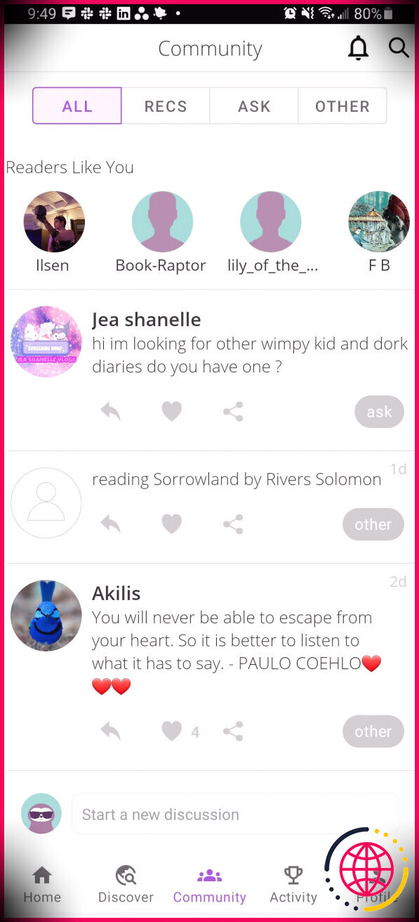 écran communautaire de l'application Booksloth