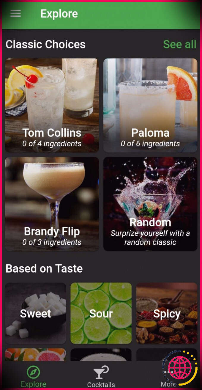 capture d'écran de la page d'accueil de l'amateur de cocktails