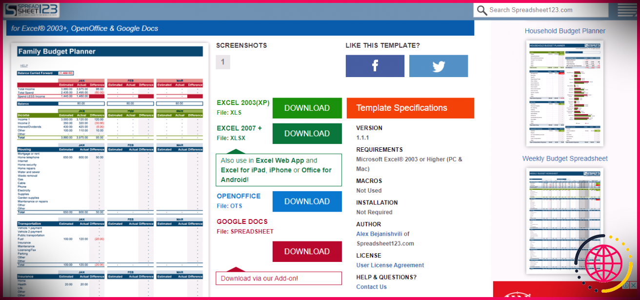 Différentes options de téléchargement pour le modèle Excel sur le site Web SpreadSheet123