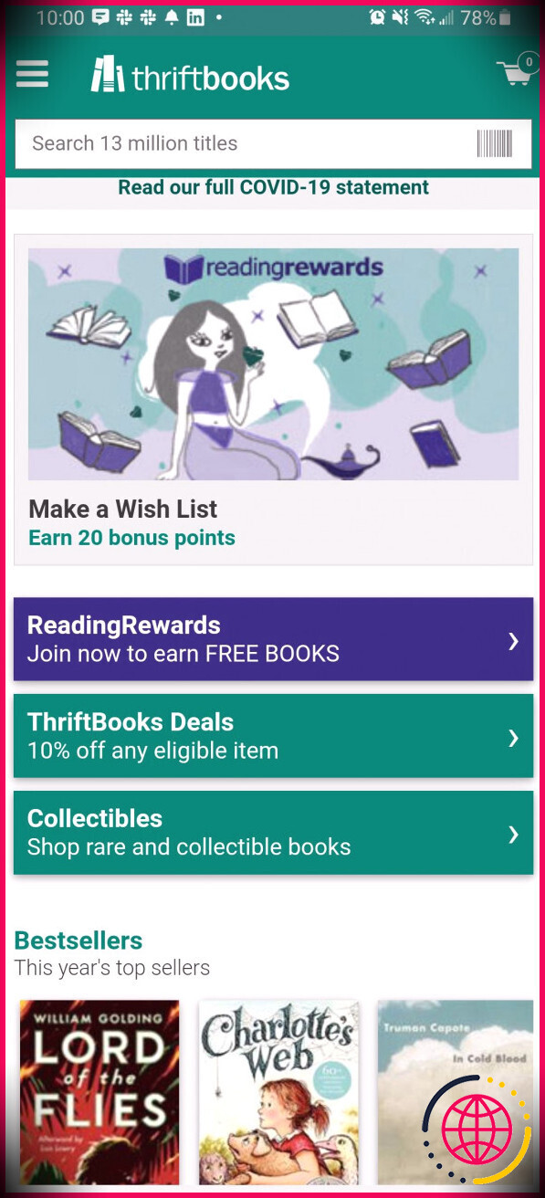 écran d'accueil de l'application Thriftbooks