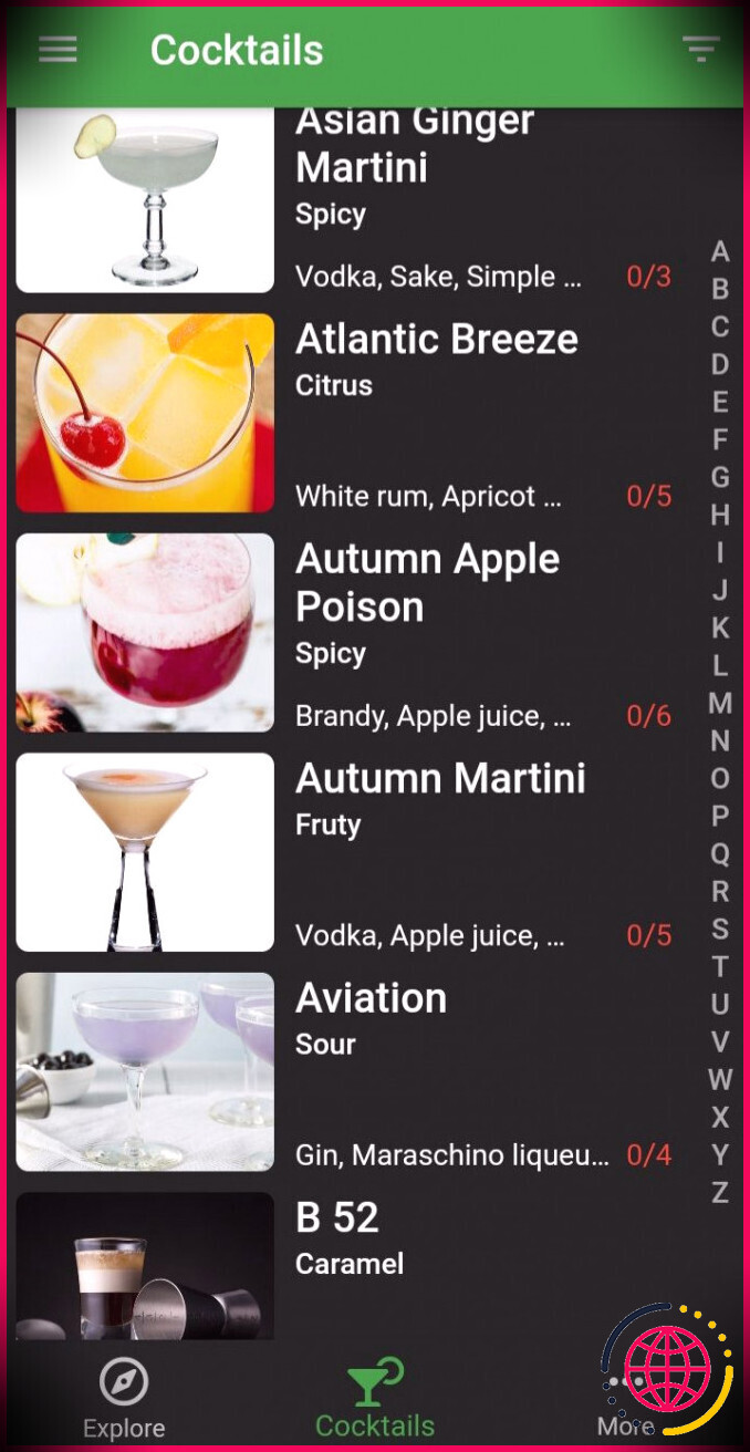 capture d'écran de la liste des amateurs de cocktails