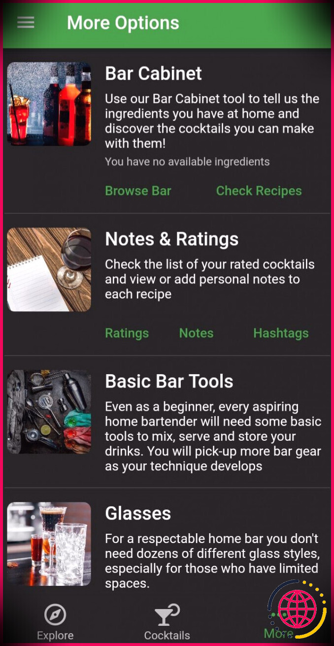 capture d'écran de conseils d'amateur de cocktails