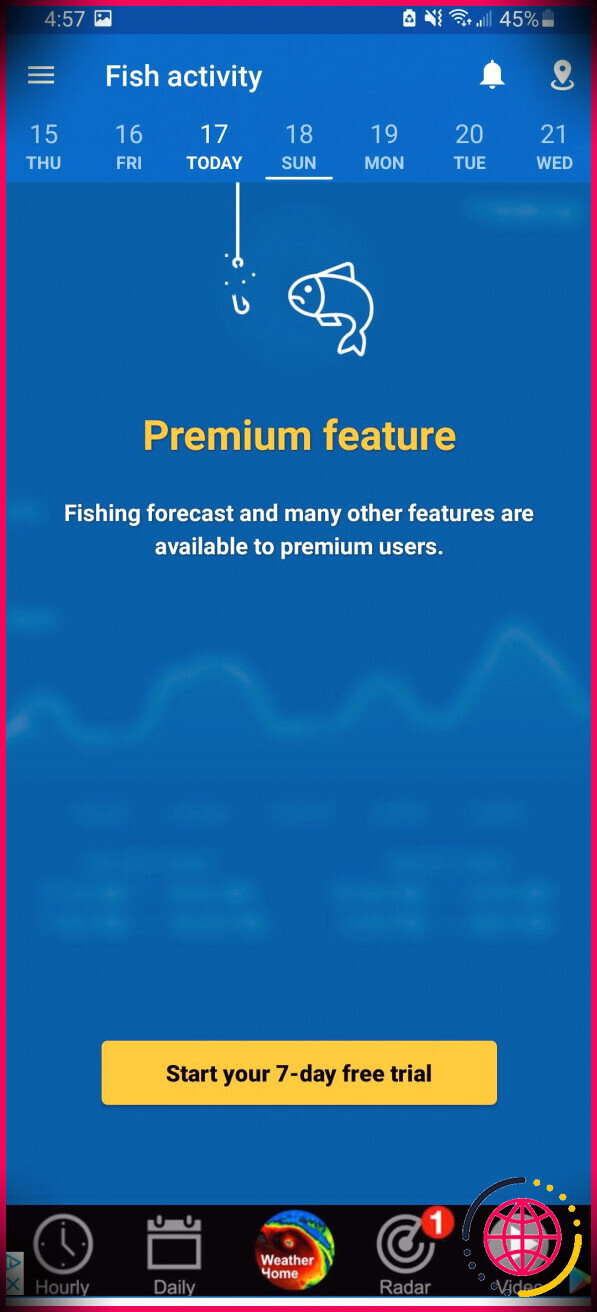 l'application de points de pêche voir les prévisions futures nécessite un abonnement premium