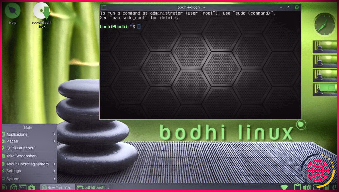Bodhi Linux 6 avec terminal et menu de lancement