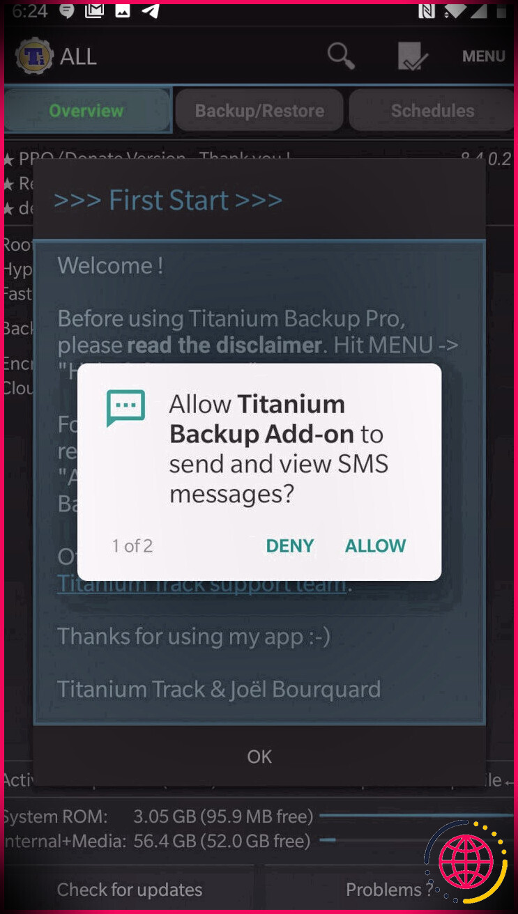 Capture d'écran de demande de SMS de sauvegarde Titanium