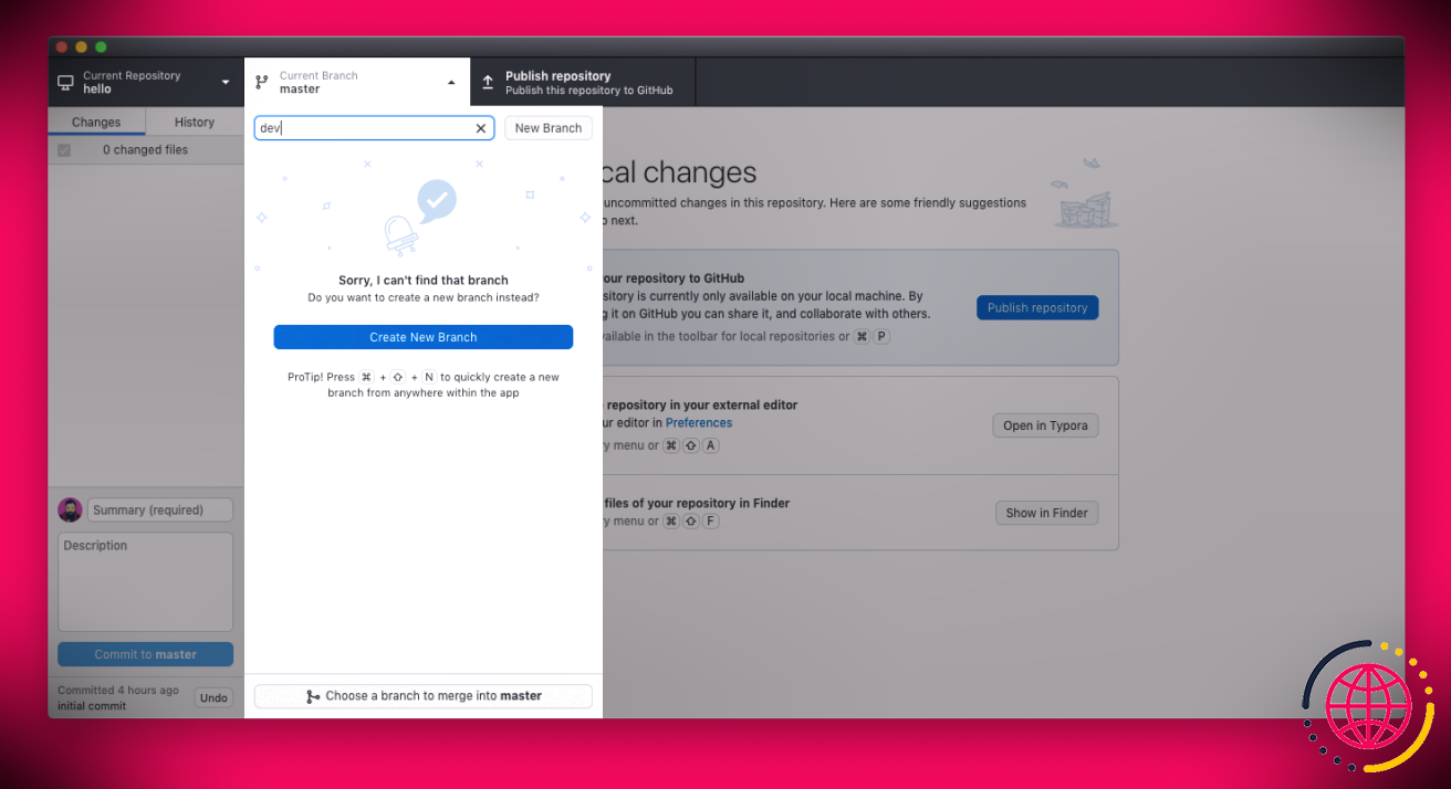 Capture d'écran de GitHub Desktop montrant l'invite pour créer une nouvelle branche