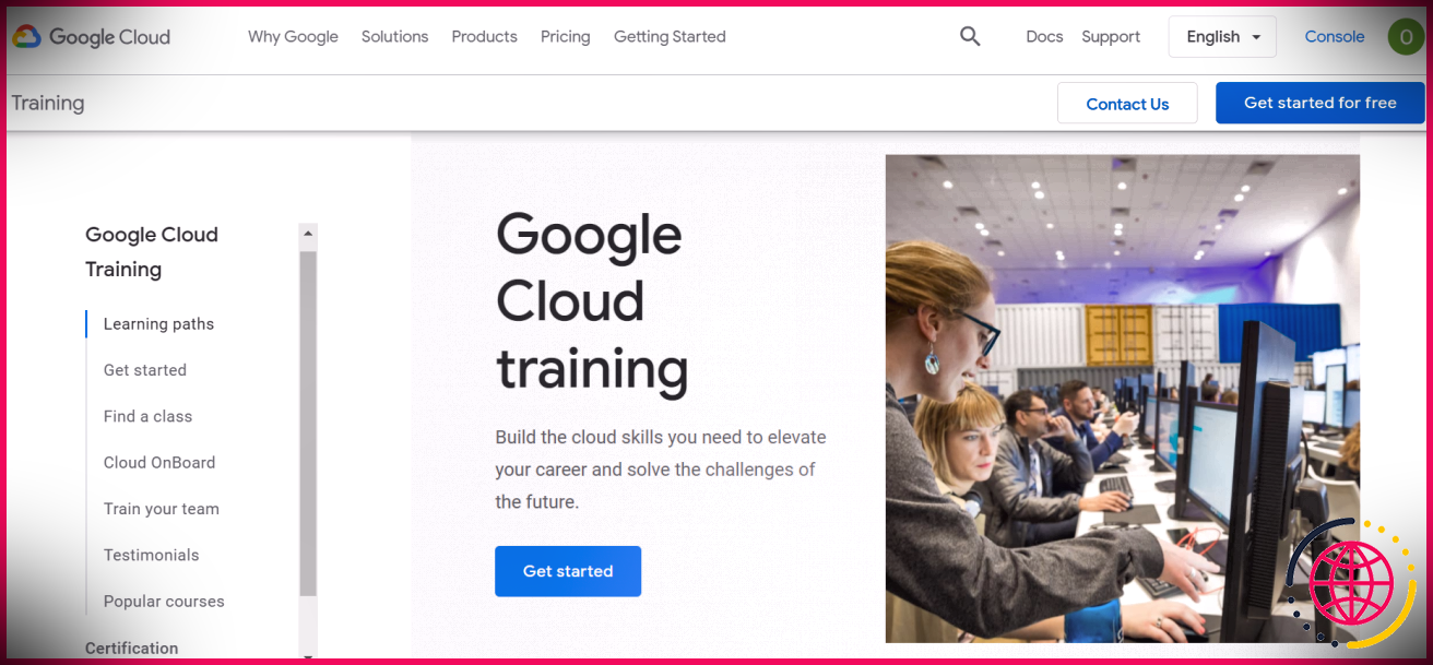 Capture d'écran de la page d'accueil des cours en ligne gratuits de Google Cloud