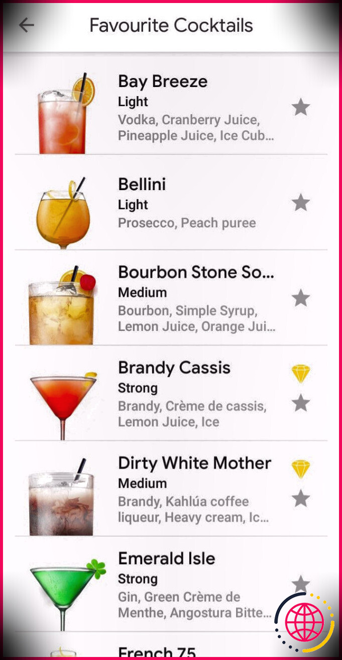 capture d'écran des favoris du flux de cocktails