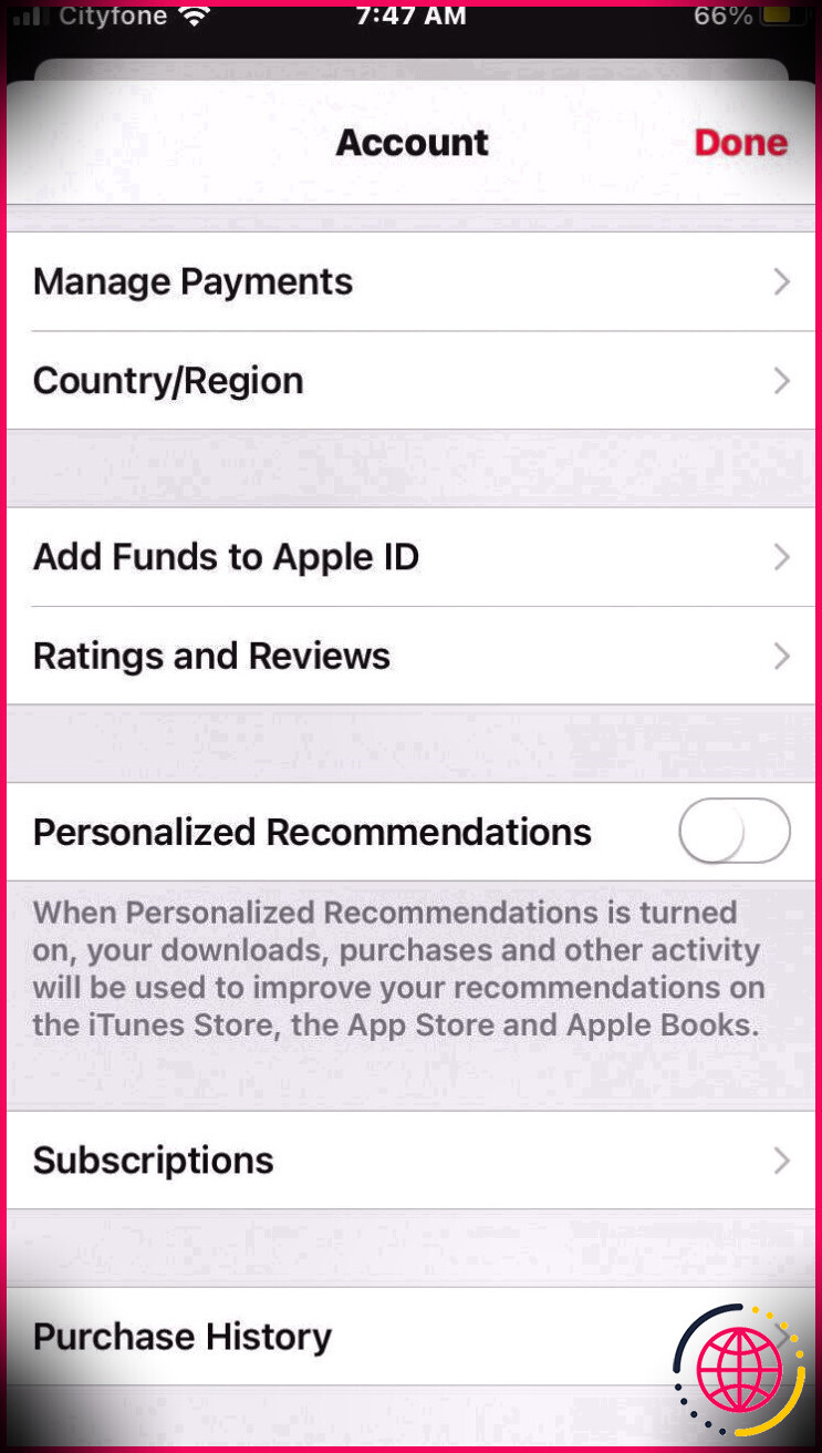Capture d'écran des options de l'identifiant Apple
