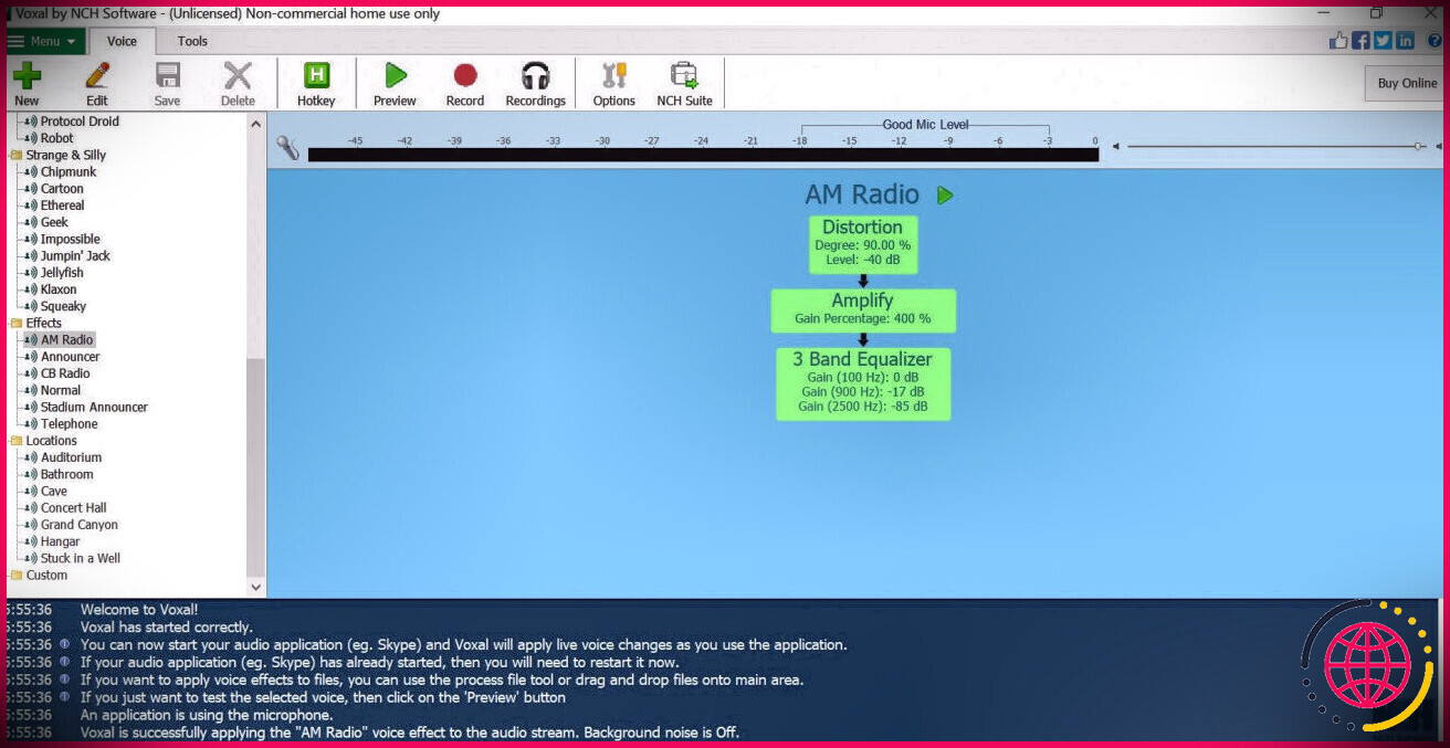 capture d'écran du logiciel de changement de voix voxal de l'écran d'accueil