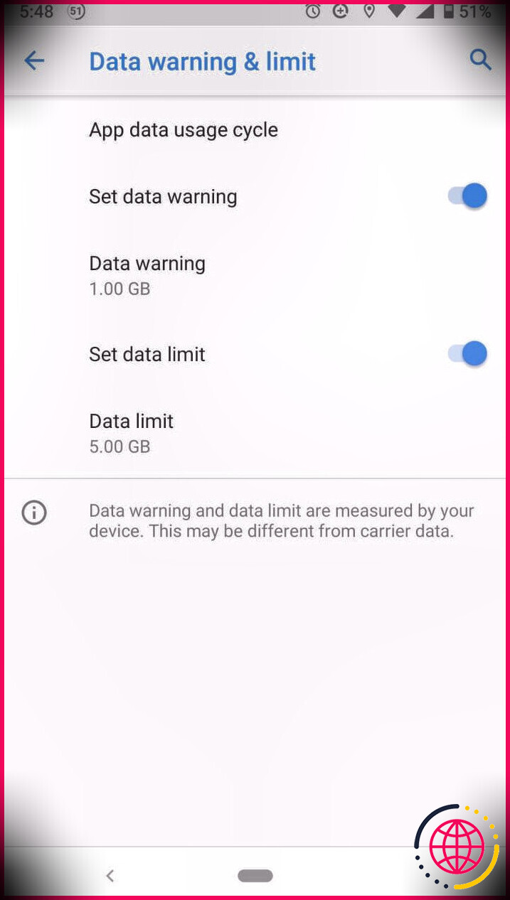 capture d'écran du menu de limite de données Android
