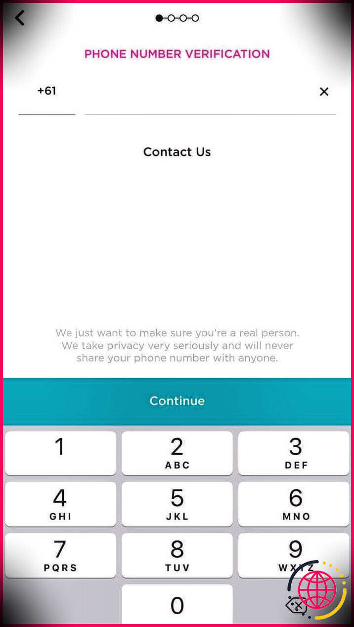 Capture d'écran mobile de la vérification du numéro de téléphone, application de rencontres Raya
