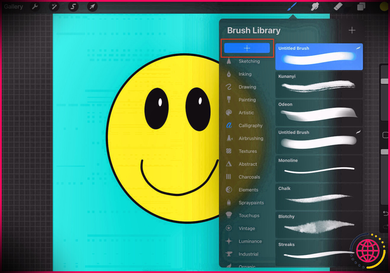 Capture d'écran montrant comment ajouter un nouvel ensemble dans la bibliothèque de pinceaux dans Procreate pour iPad