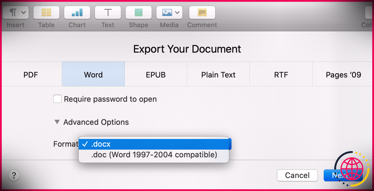 choisir le format de fichier nécessaire pour exporter un document vers word