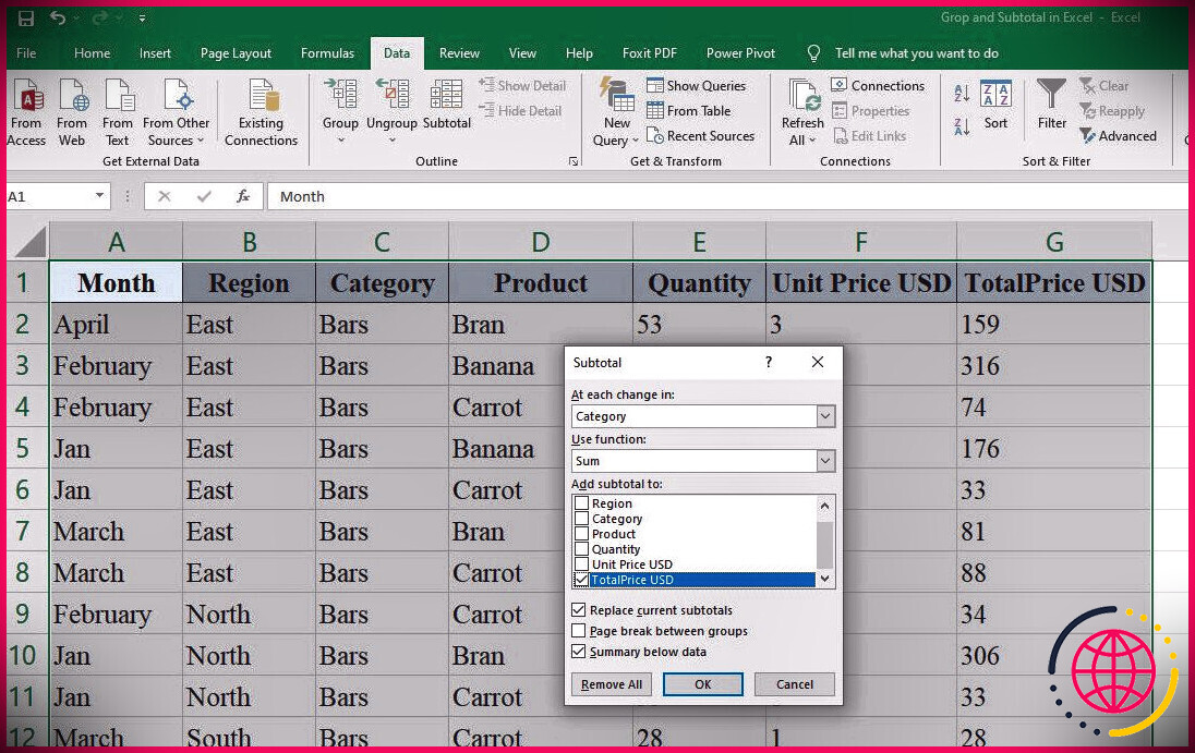 Configuration des sous-totaux dans Excel