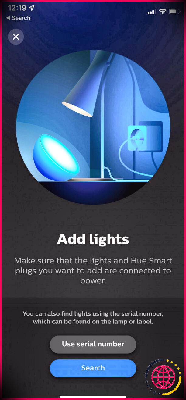 Écran Ajouter des lumières dans l'application Philips Hue