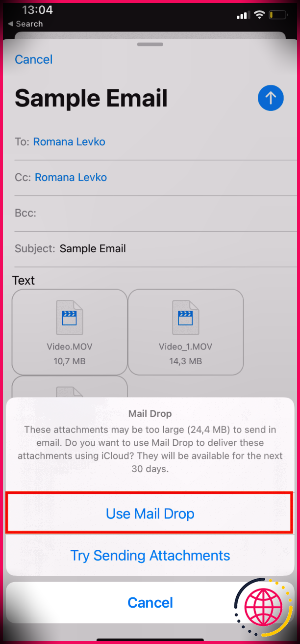 Envoyez un e-mail Mail Drop sur iPhone.