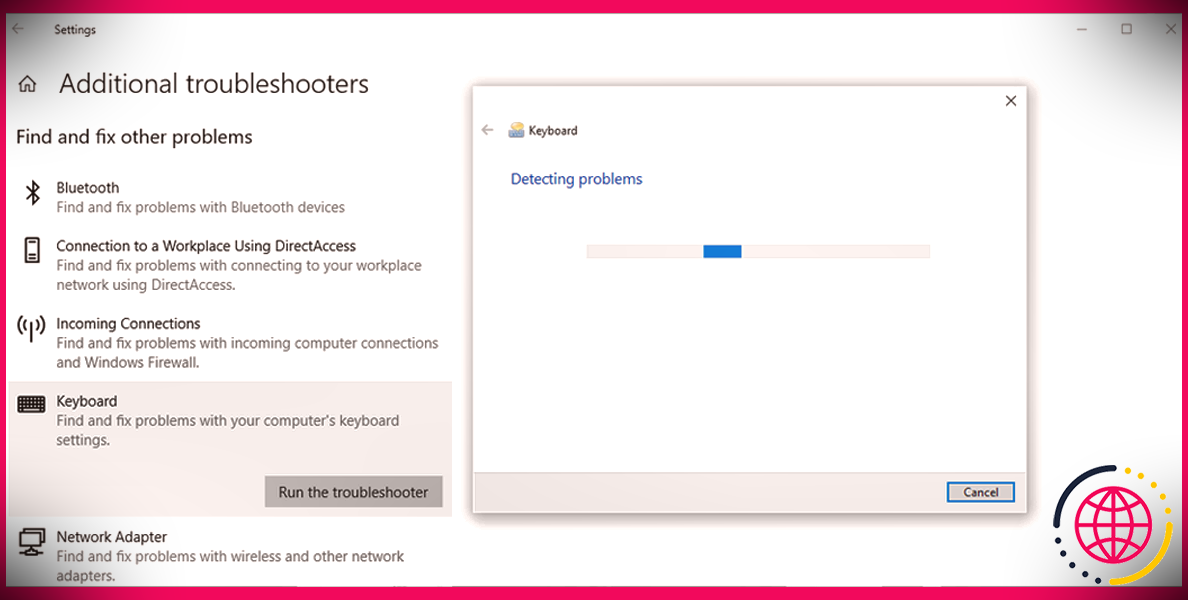 Exécution de l'outil de dépannage du clavier dans Windows 10.