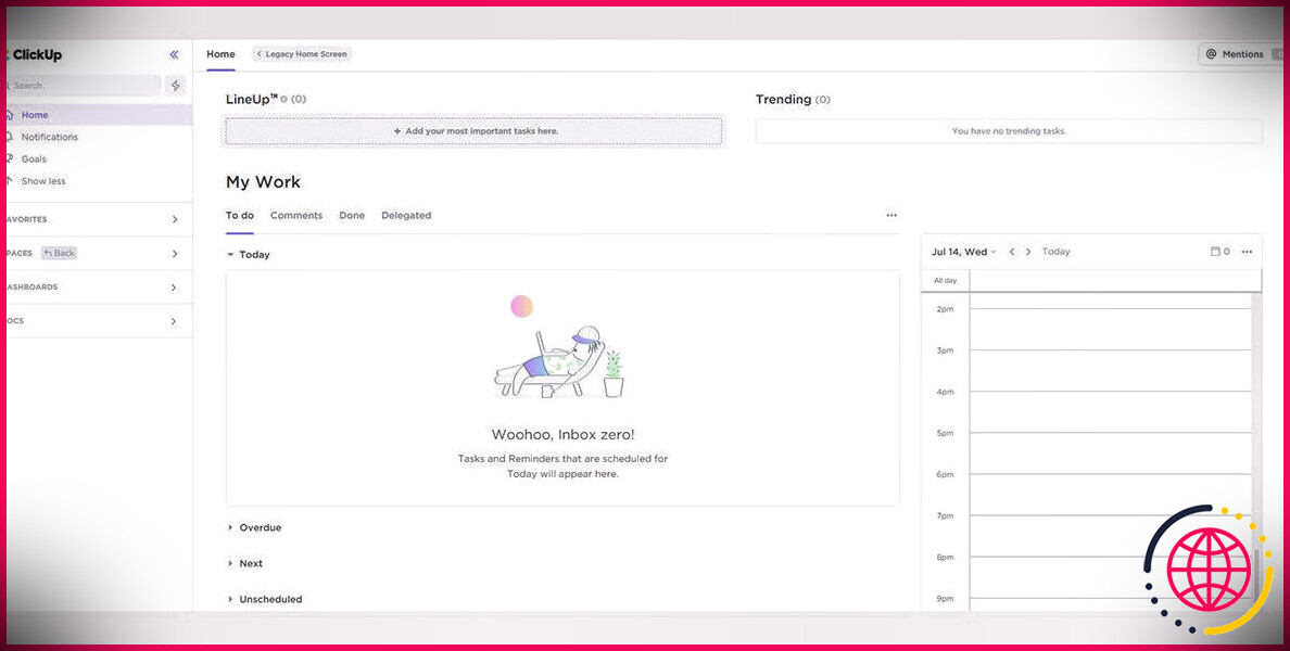 Instantané montrant l'écran d'accueil de l'application ClickUp