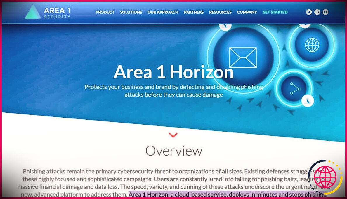 Interface du site Web d'Area 1 Horizon