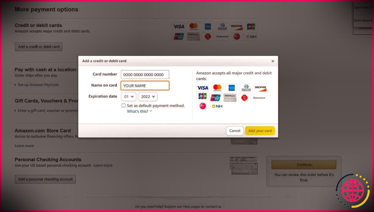 L'image montre l'ajout d'une boîte de carte de crédit ou de débit dans Amazon