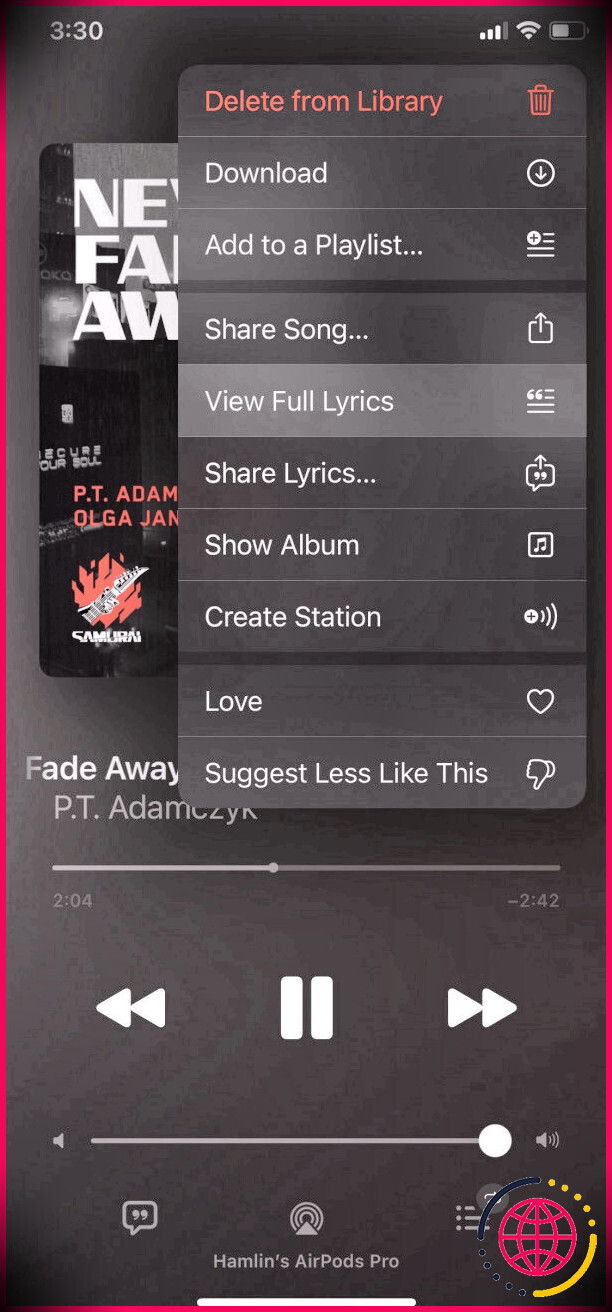 Menu contextuel Apple Music dans iOS