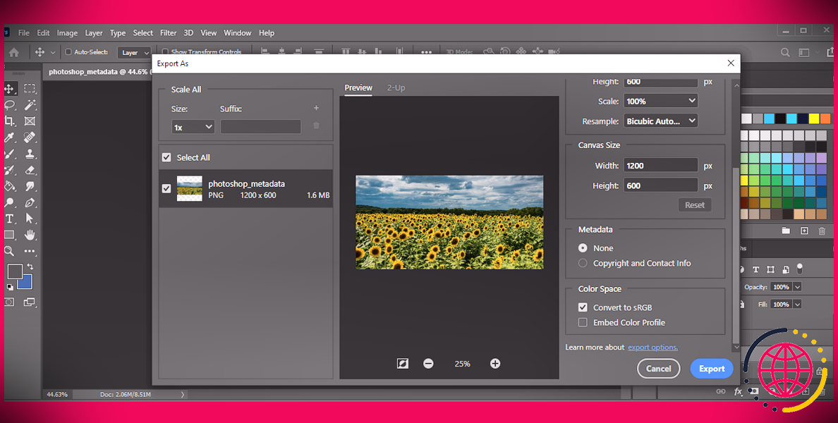 Menu Exporter dans Adobe Photoshop