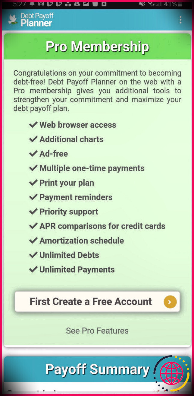 options d'adhésion pro du planificateur de remboursement de la dette dans l'application