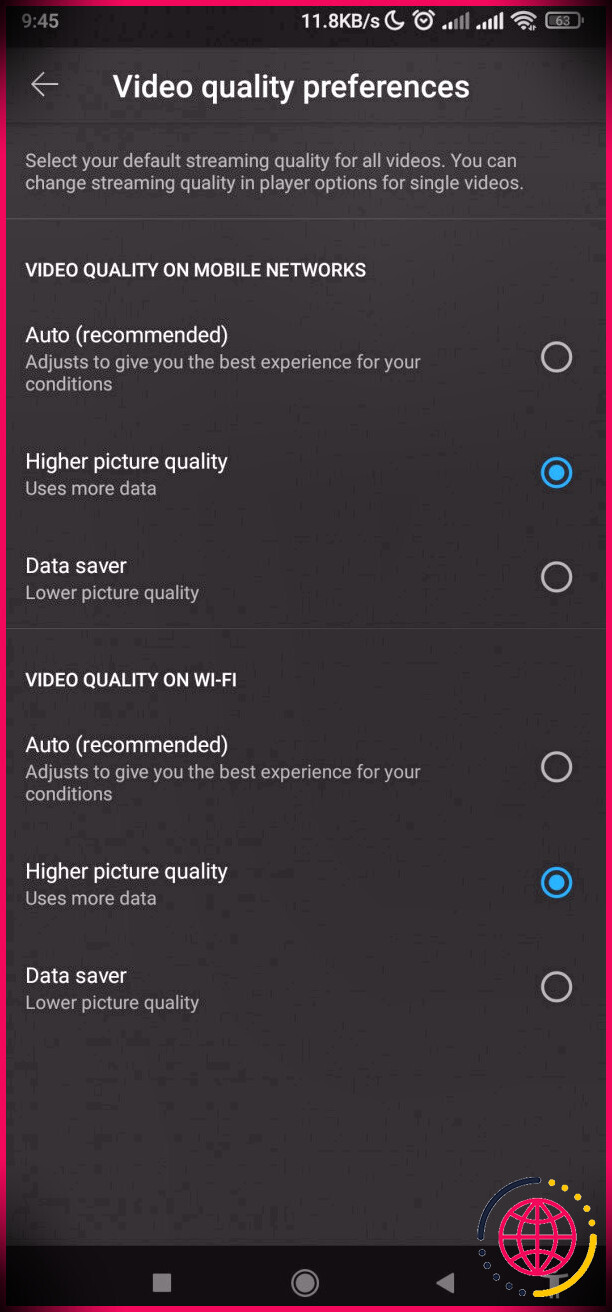 Options de réglage de la qualité vidéo YouTube sur mobile
