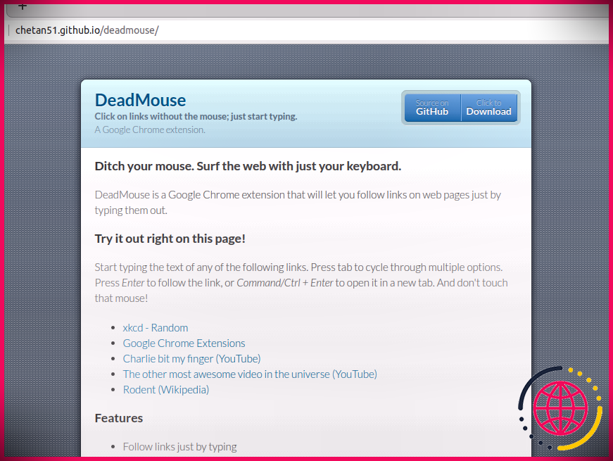 Page d'accueil de l'extension de navigateur DeadMouse