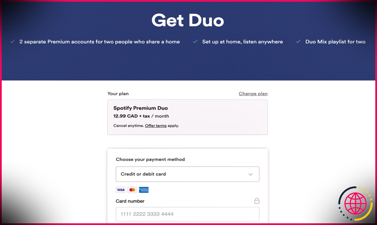 Page d'inscription Spotify Premium Duo