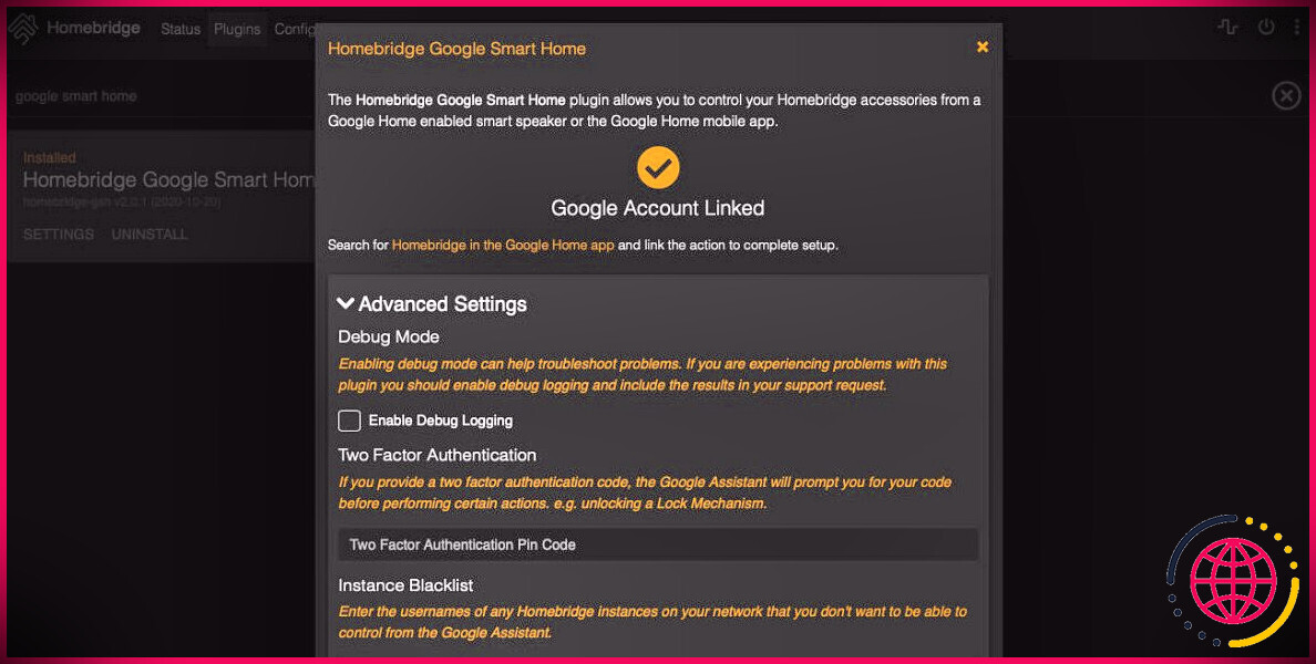 Paramètres de la maison intelligente Homebridge de Google