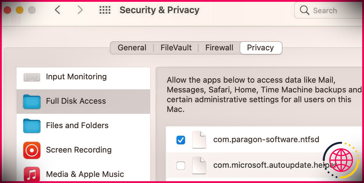 Préférences de sécurité et de confidentialité macOS Volet d'accès complet au disque