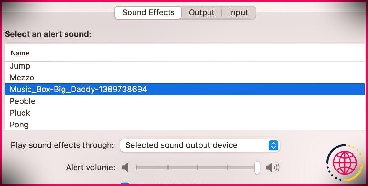 Préférences d'effets sonores macOS avec alerte personnalisée sélectionnée