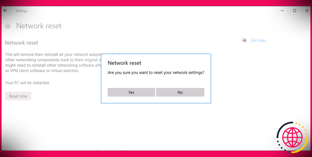 Réinitialisation du réseau dans Windows 10