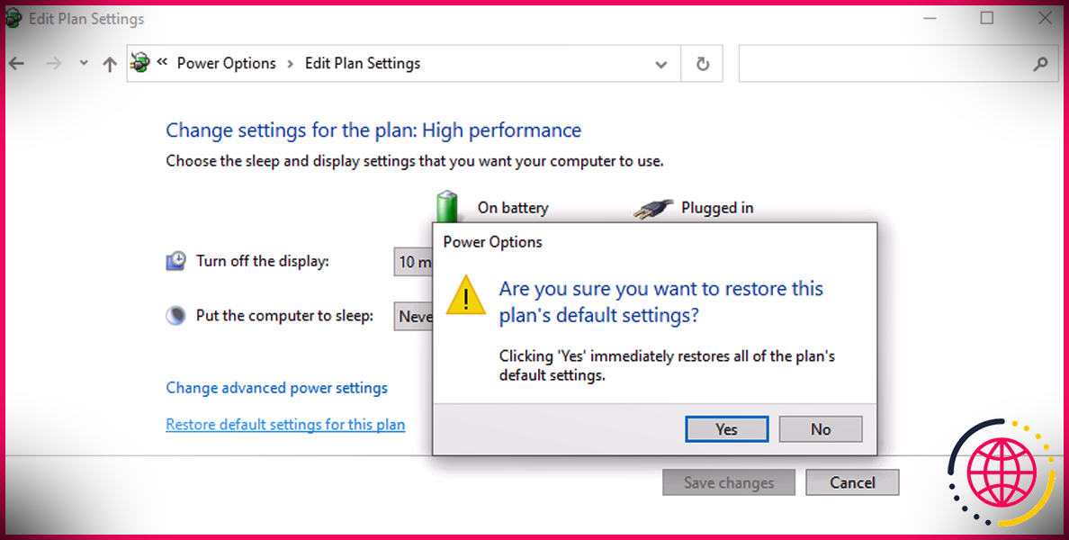Restauration des paramètres d'alimentation par défaut dans Windows 10