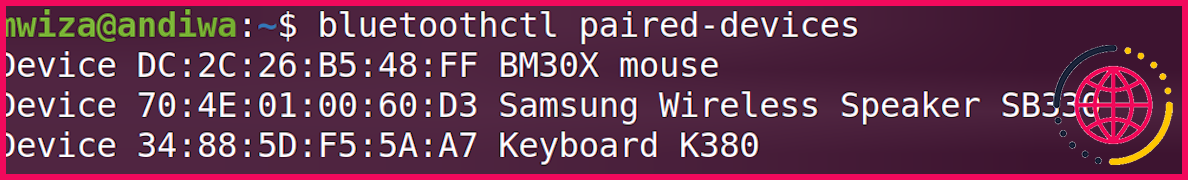 sortie montrant les appareils Bluetooth couplés sous Linux
