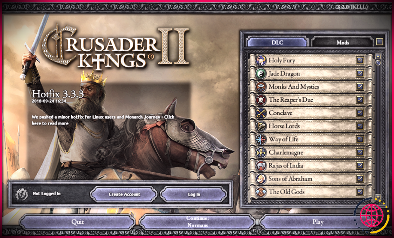 Une capture d'écran du lanceur Crusader Kings 2