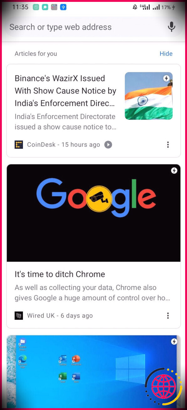 Articles suggérés affichés dans Google Chrome