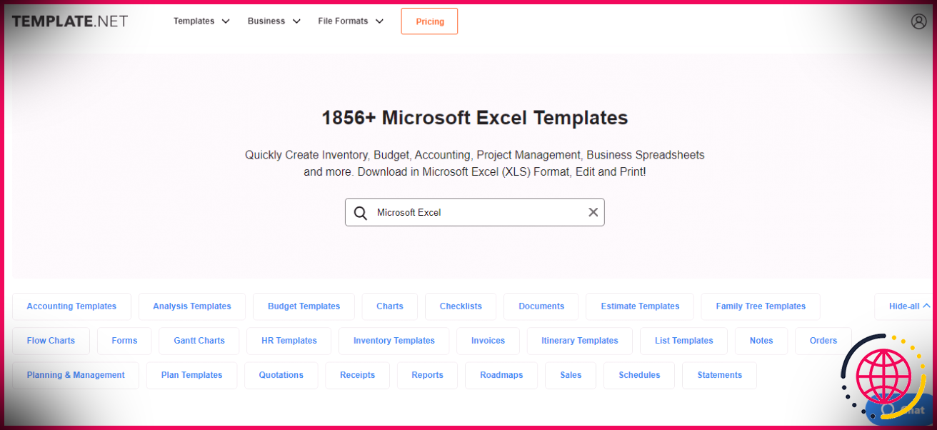 Toutes les catégories de modèles Excel sur le site Web Template.net