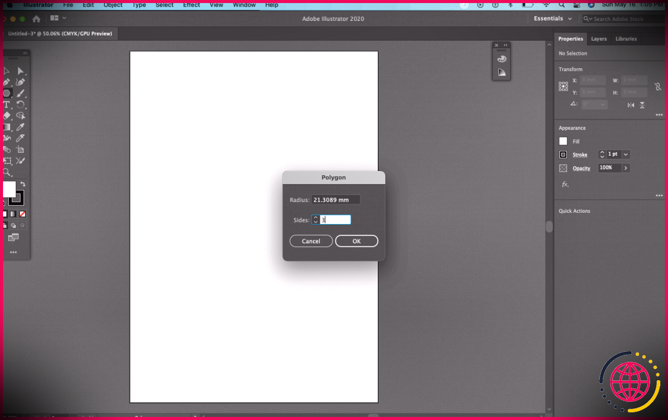 Adobe Illustrator Créer un triangle avec l'outil Polygone, options de numéro de côté contextuel