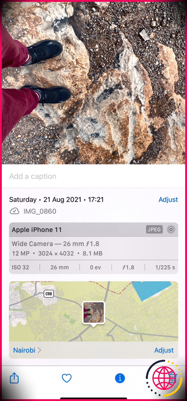 Affichage de l'emplacement de la photo dans l'application Photos d'Apple