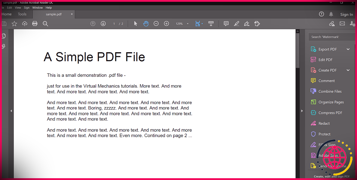 Capture d'écran d'Adobe Reader avec un pdf ouvert